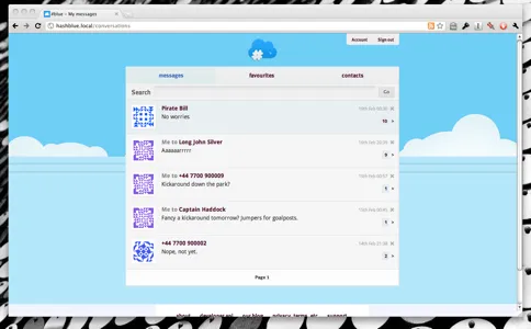 Screenshot of the main hashblue messages page