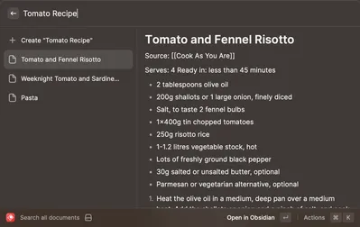 Screenshot of the odb-raycast extension showing a search for a tomato recipe